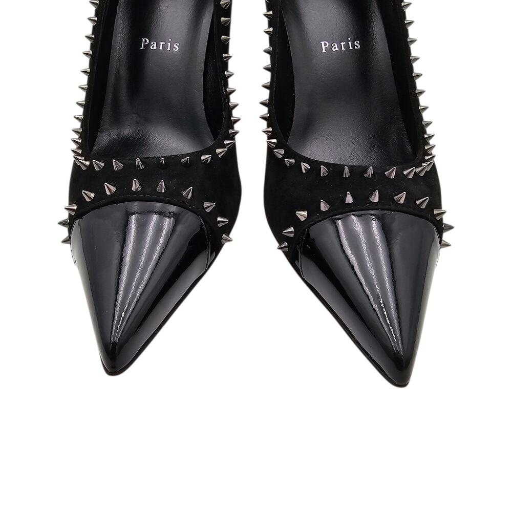 Christian Louboutin Duvette Spikes 85 Heel Pump Black Suede Patent Size 38 US 8 - Picture 4 of 14